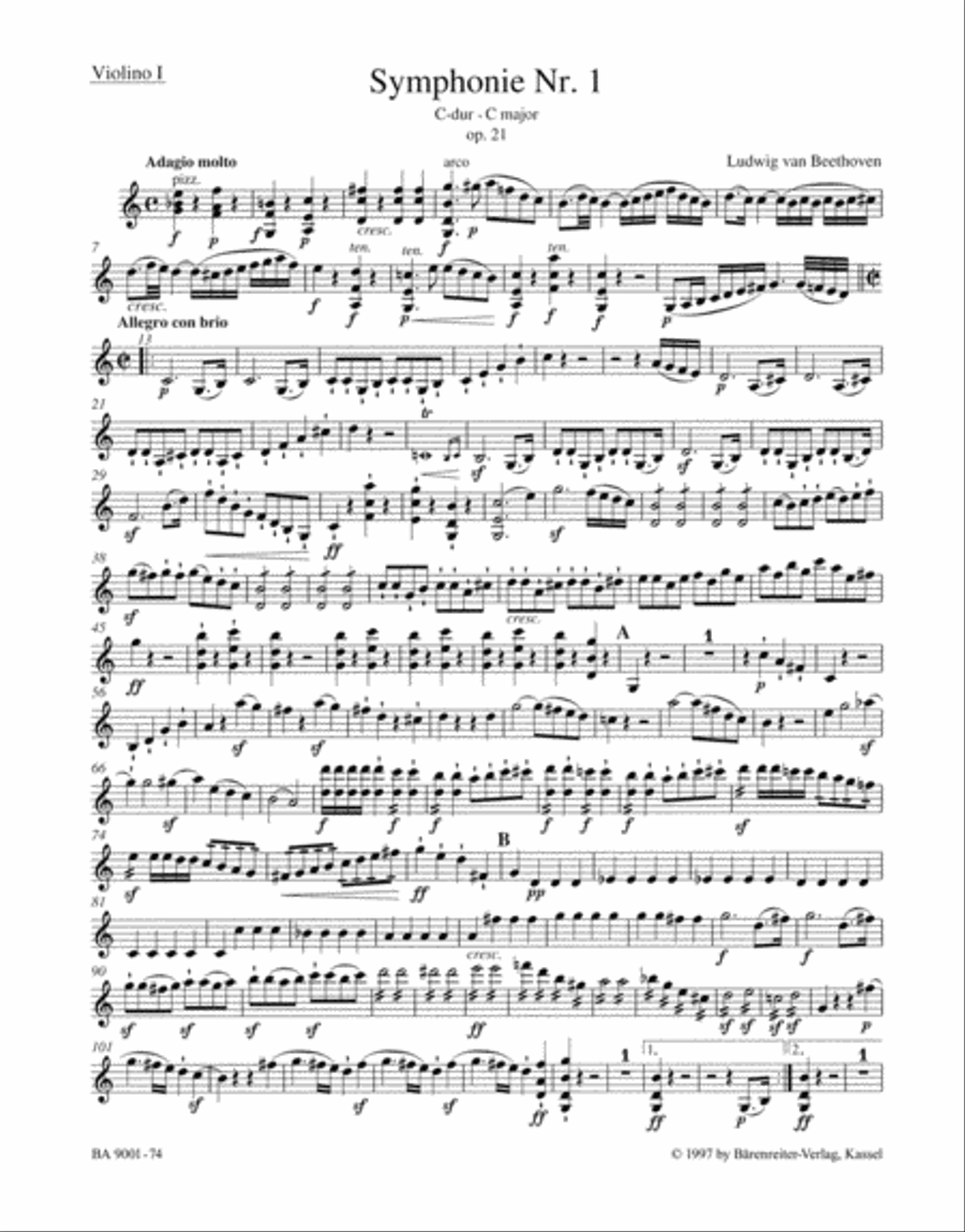 Symphony, No. 1 C major, Op. 21 Violin scores gallery preview page 1