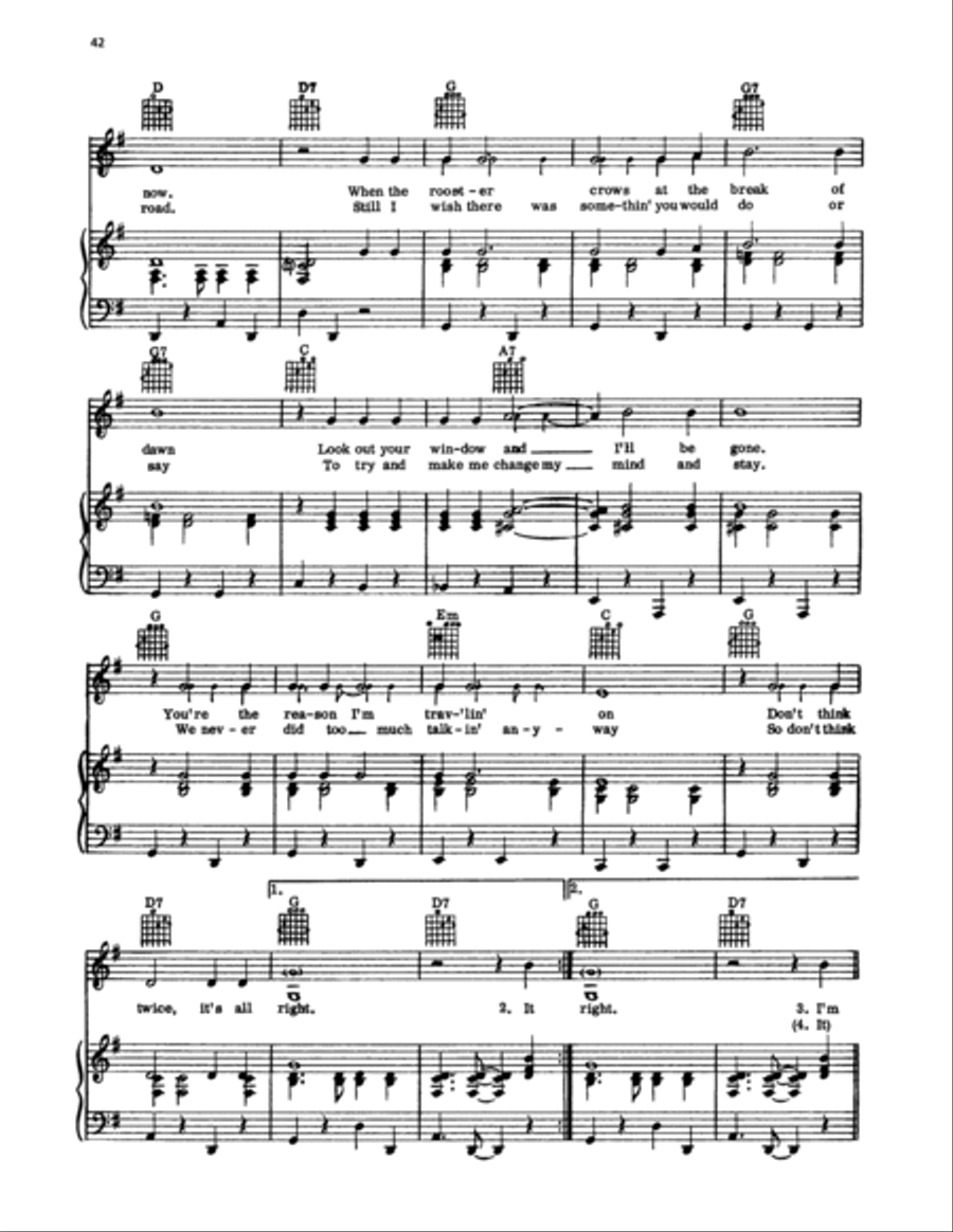 Don't Think Twice, It's All Right Sheet Music, Bob Dylan