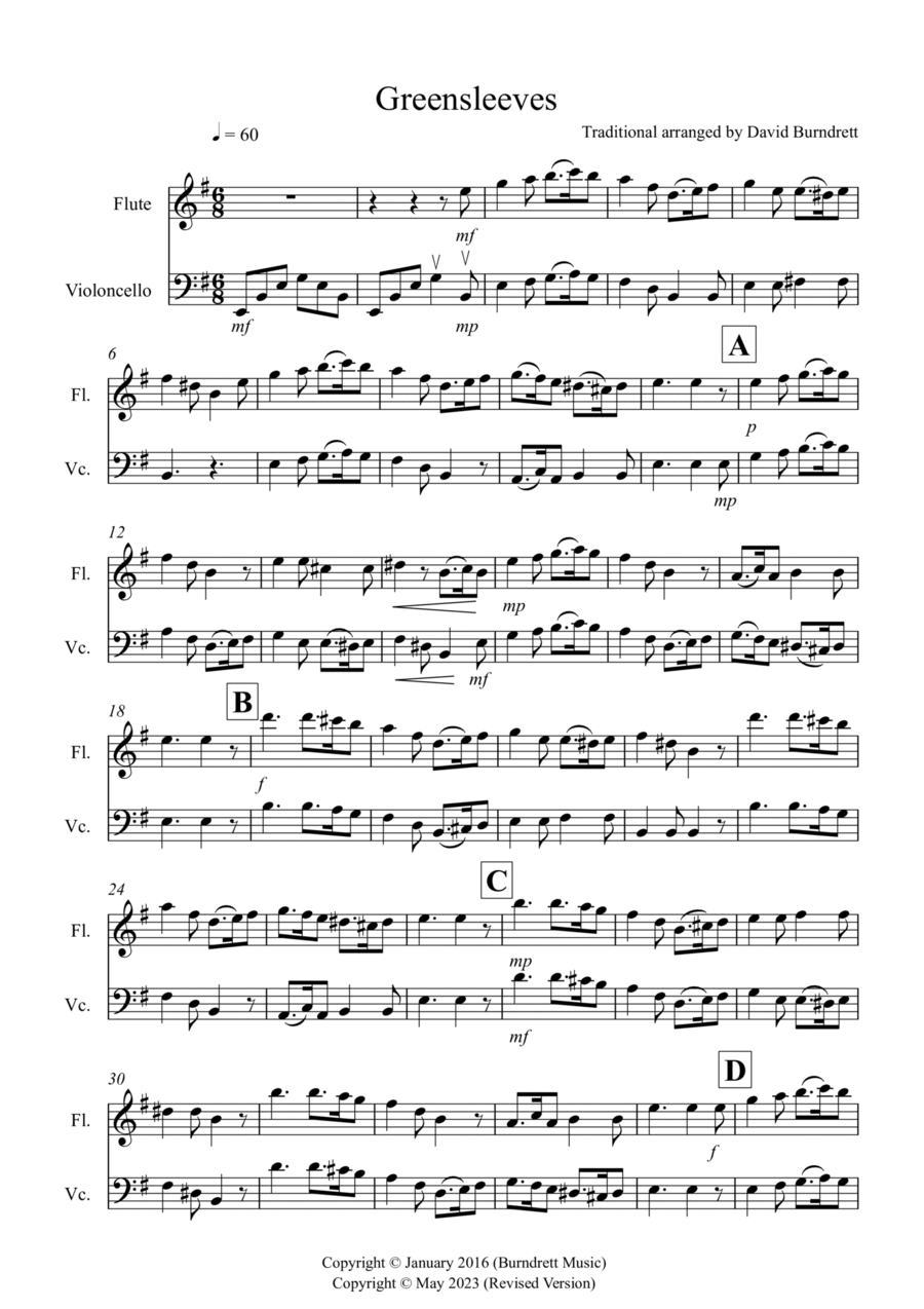 Greensleeves for Flute and Cello Duet Flute scores gallery preview page 1