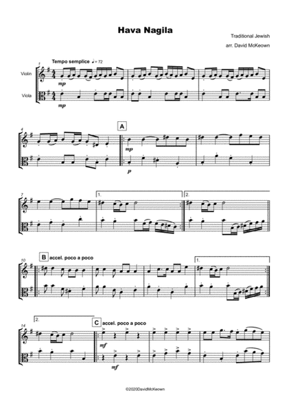 Hava Nagila, Klezmer tune for Violin and Viola Duet