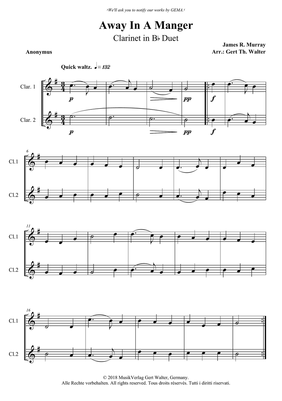 Away In A Manger (1st. version) Clarinet Duet scores gallery preview page 1