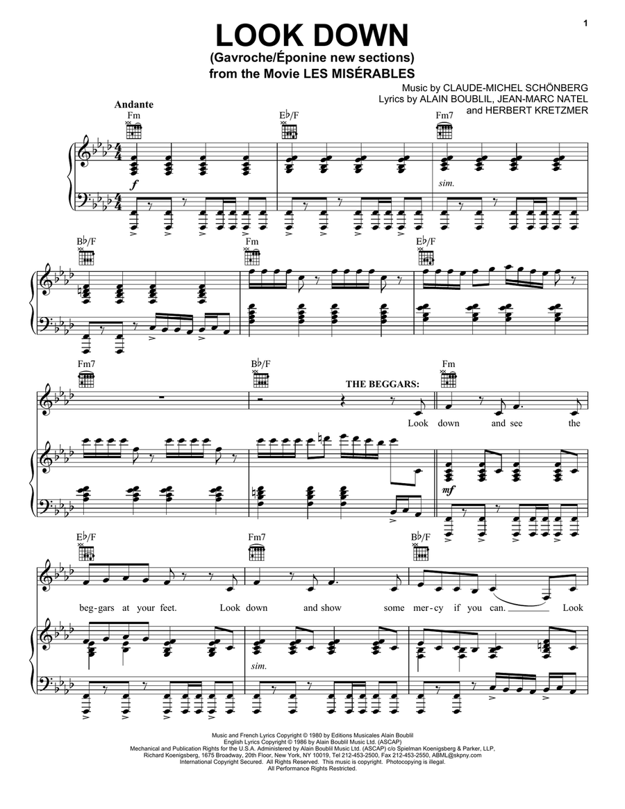 Look Down (Gavroche) Piano, Vocal, Guitar scores gallery preview page 1