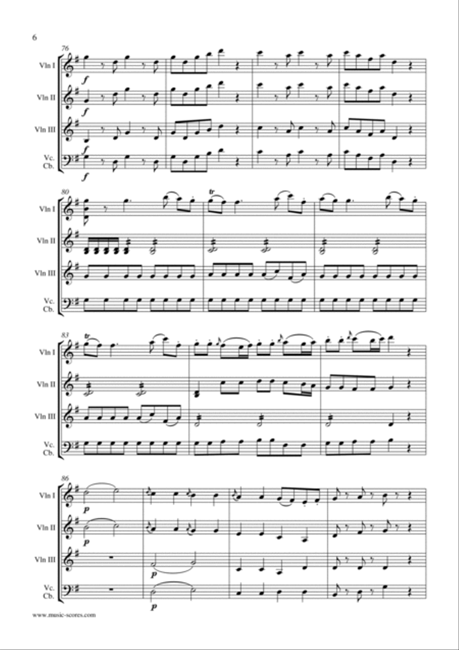 Eine Kleine Nachtmusik - Allegro 1st movement - 3 Violins and Cello and/or Contrabass String Trio scores gallery preview page 6