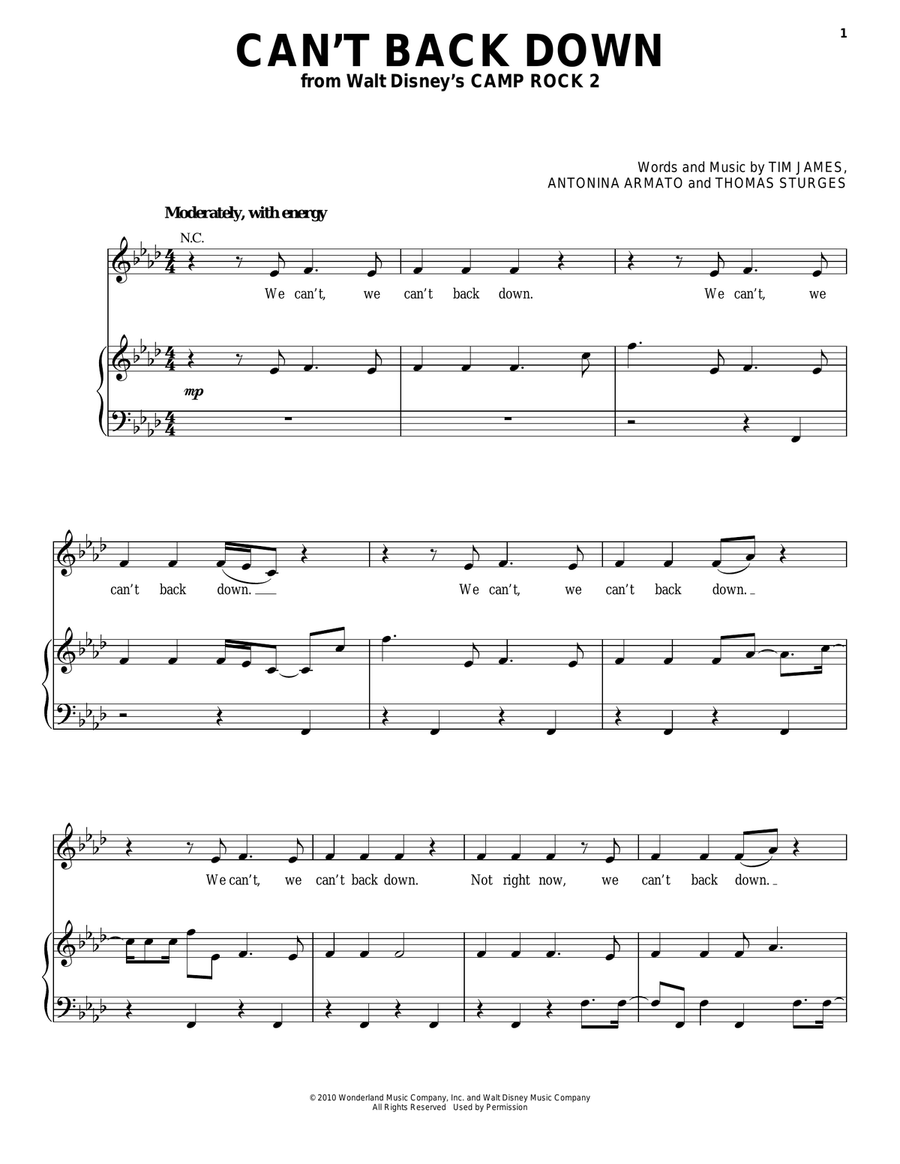 Can't Back Down (from Camp Rock 2) Piano, Vocal, Guitar scores gallery preview page 1