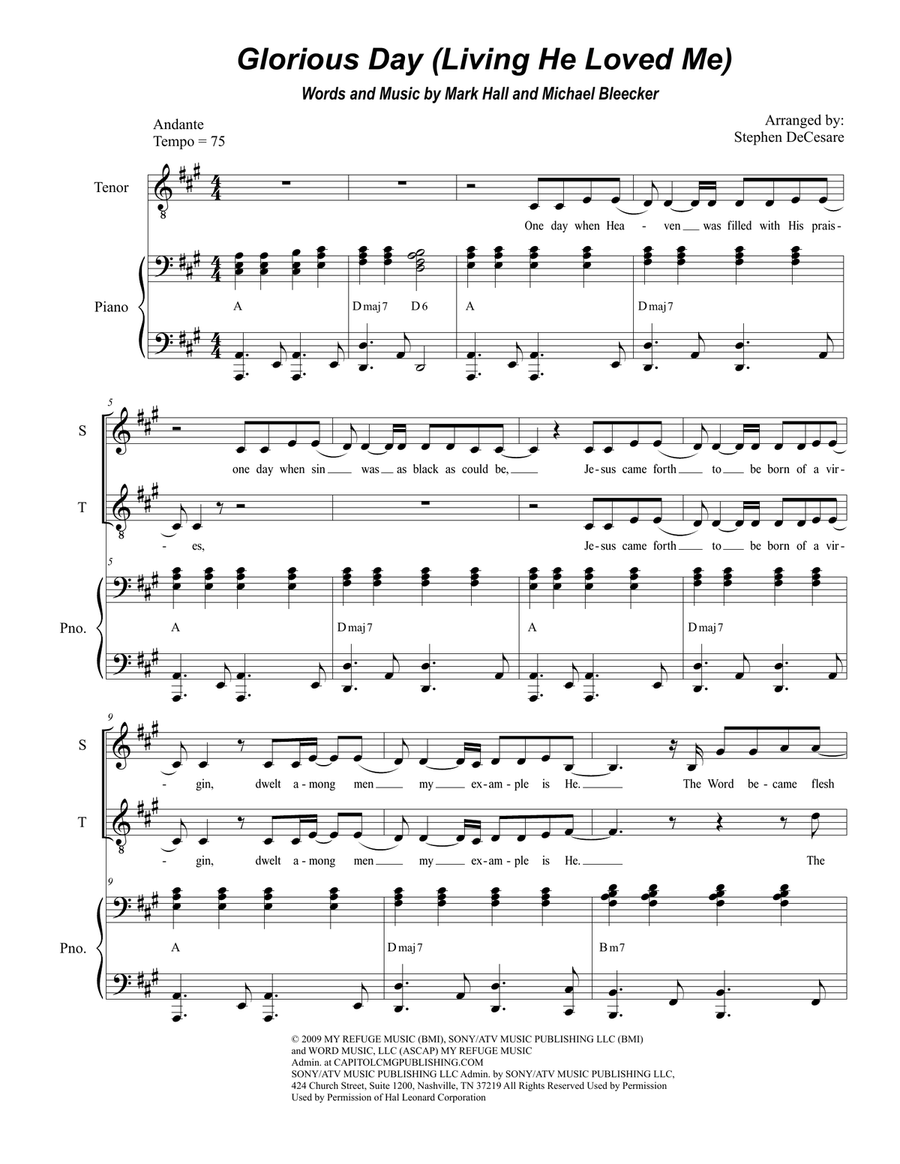 Glorious Day (Living He Loved Me) Tenor Voice scores gallery preview page 1