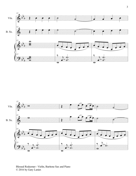3 FAVORITE HYMNS (Trio - Violin, Baritone Sax & Piano with Score/Parts) image number null