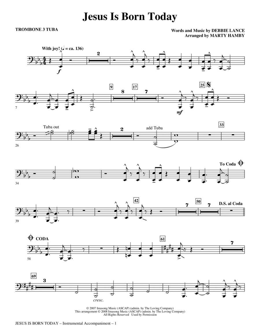 Jesus Is Born Today (arr. Marty Hamby) - Trombone 3/Tuba Choir scores gallery preview page 1