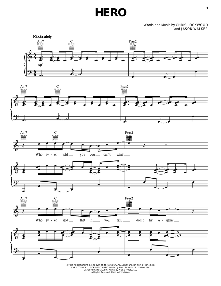 Hero Piano, Vocal, Guitar scores gallery preview page 1
