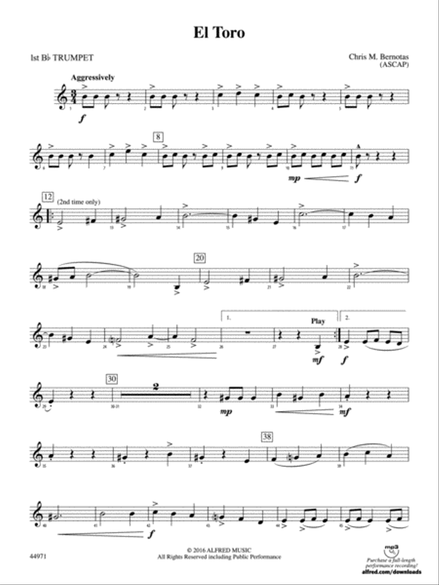 El Toro: 1st B-flat Trumpet Concert Band scores gallery preview page 1