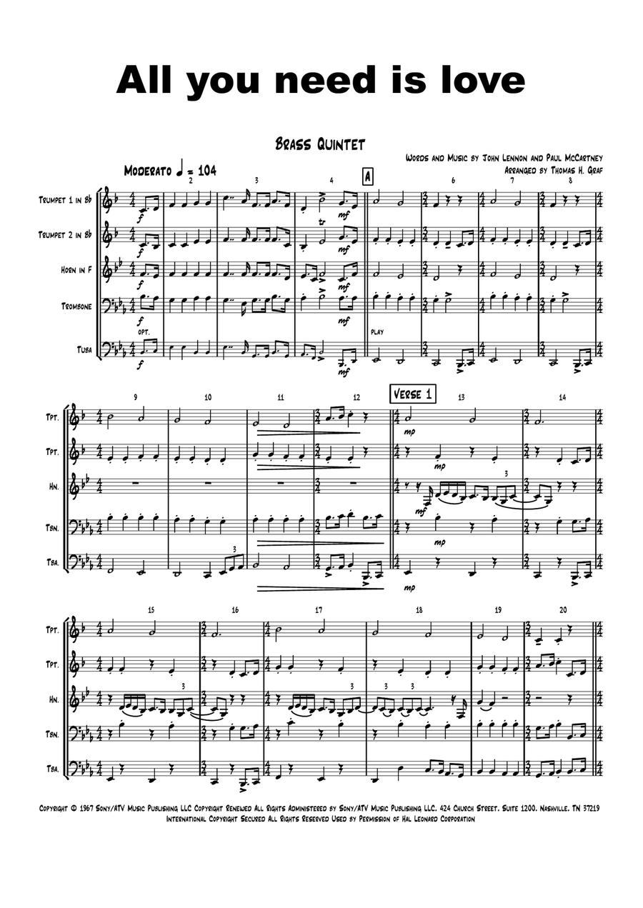 All You Need Is Love Brass Ensemble scores gallery preview page 1