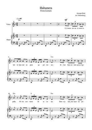 Habanera - Carmen for piano, chords and voice in D minor.
