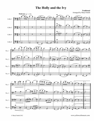 The Holly and The Ivy, a traditional hymn arranged for four intermediate cellos (cello quartet)