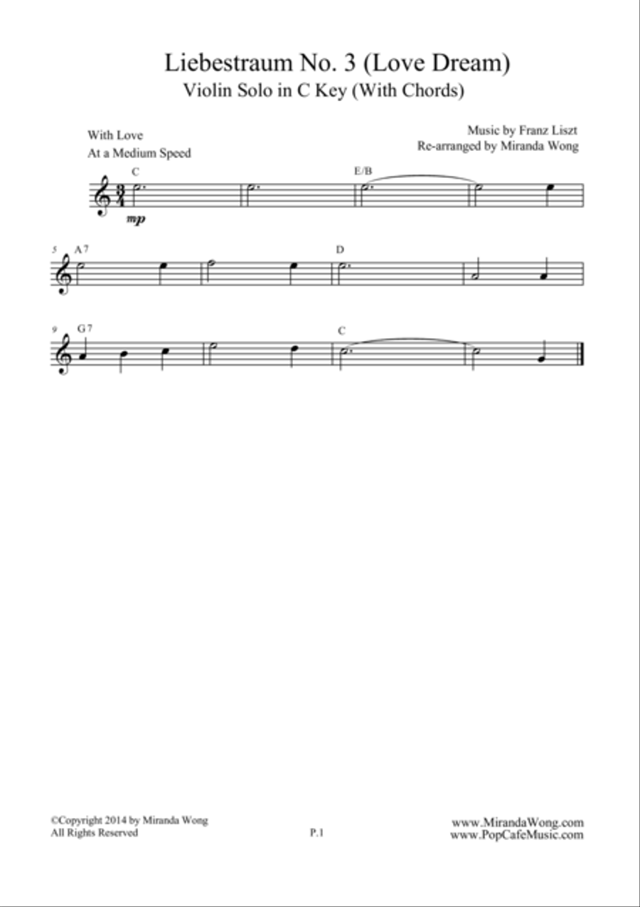 Liebestraum No.3 (Love Dream) - Romantic Easy Violin Music in C Key Small Ensemble scores gallery preview page 1