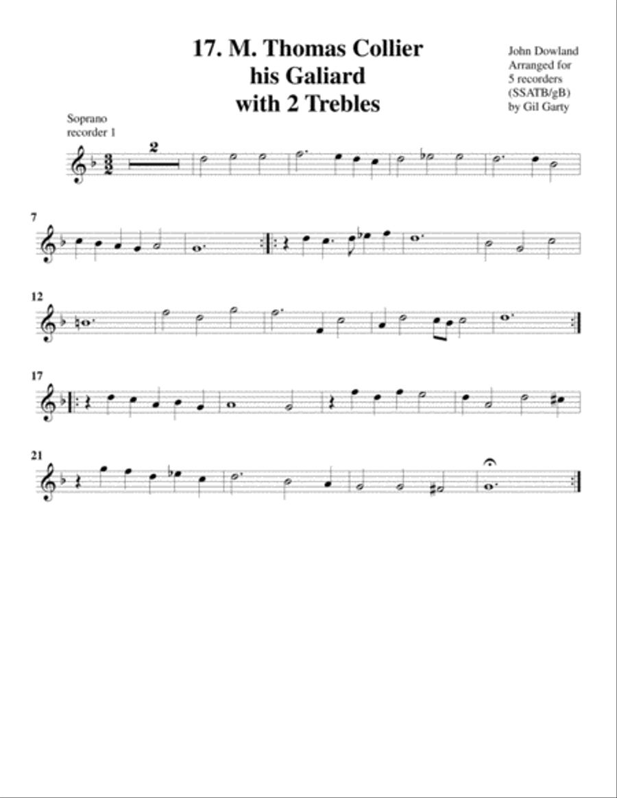 M. Thomas Collier his Galiard with 2 Trebles (17, 1604) (arrangement for 5 recorders) Recorder scores gallery preview page 3
