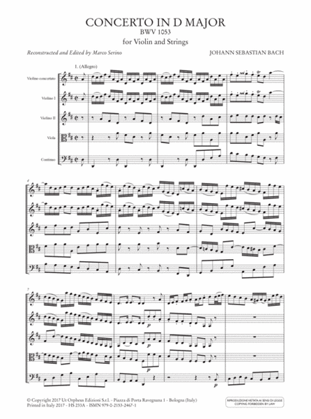 Concerto in D Major BWV 1053 for Violin and Strings. Reconstruction from the Harpsichord version