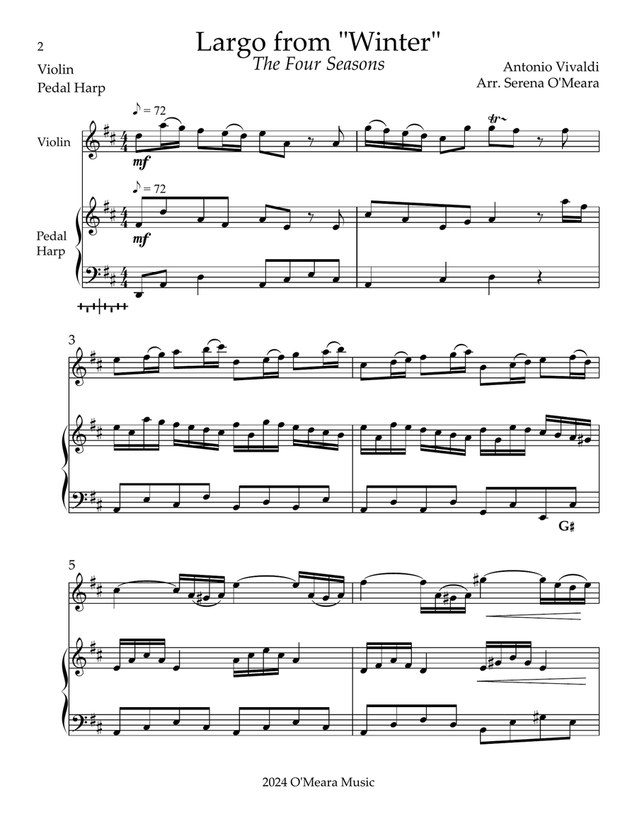 Largo from “Winter”, Duet for Violin & Pedal Harp String Duet scores gallery preview page 2