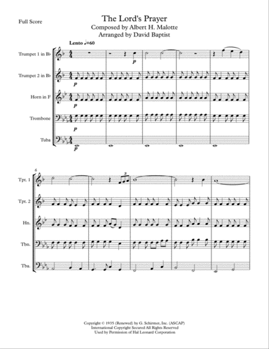 The Lord's Prayer Brass Ensemble scores gallery preview page 1