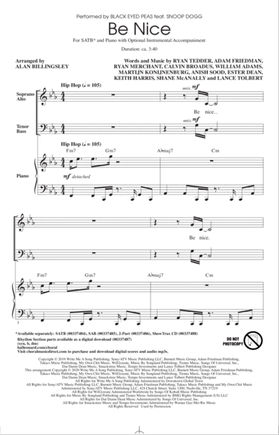 Be Nice (feat. Snoop Dogg) (arr. Alan Billingsley) 4-Part scores gallery preview page 1