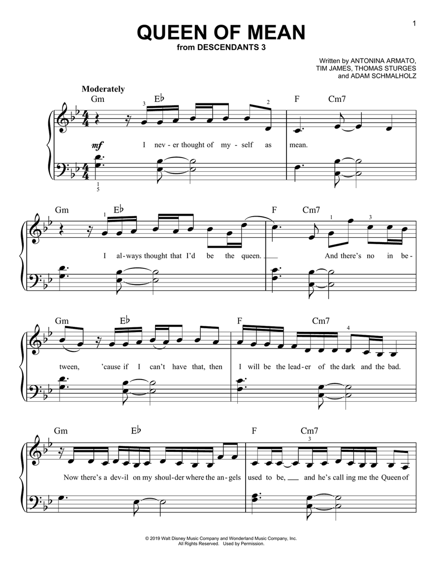 Queen Of Mean (from Disney's Descendants 3) Easy Piano scores gallery preview page 1