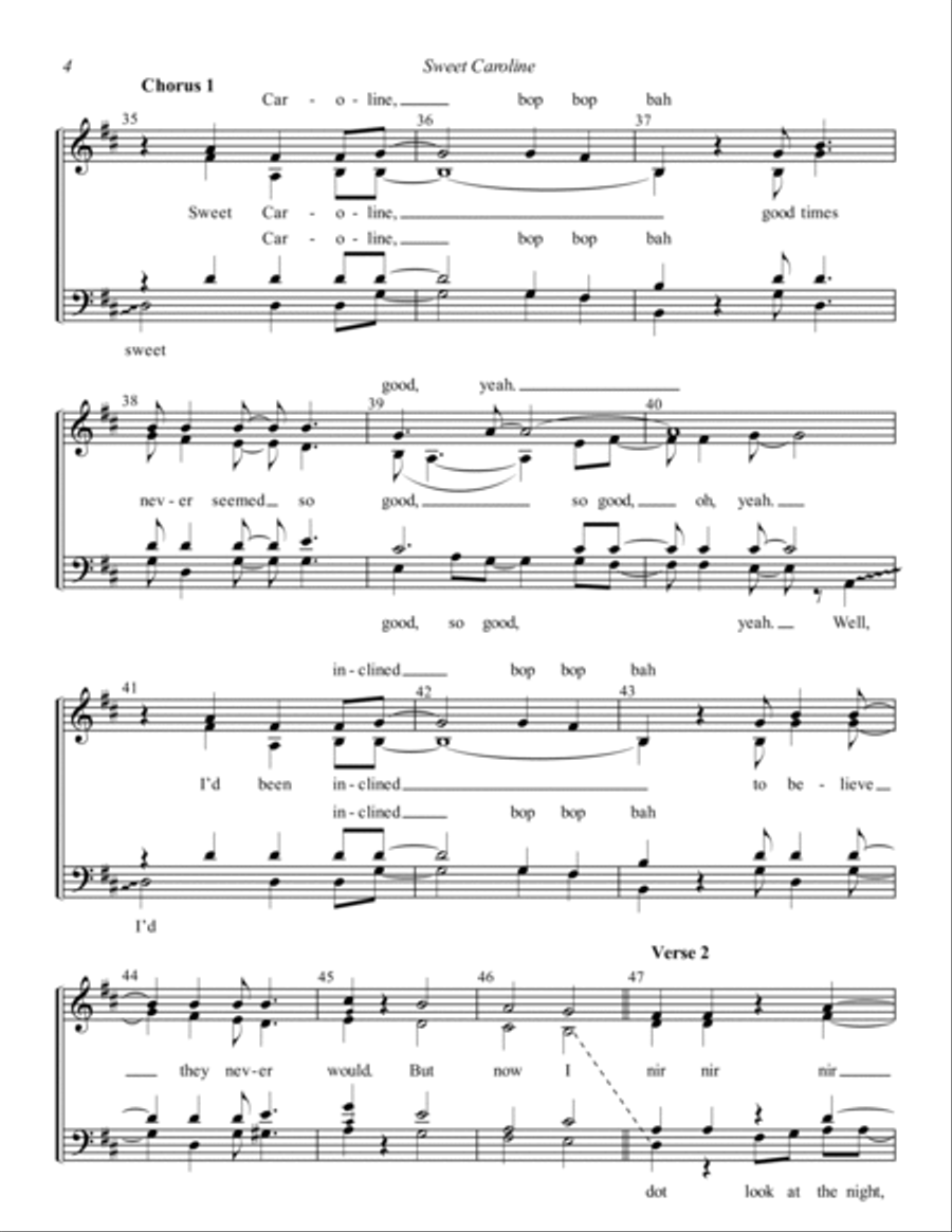 Sweet Caroline (arr. Dylan Oxford & A Mighty Wind) 4-Part scores gallery preview page 4