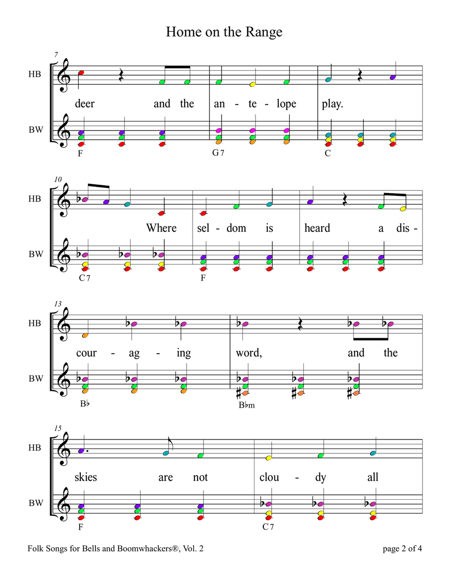 Home on the Range (for 13-note Bells and Boomwhackers with Color Coded Notes) Handbell Choir scores gallery preview page 6