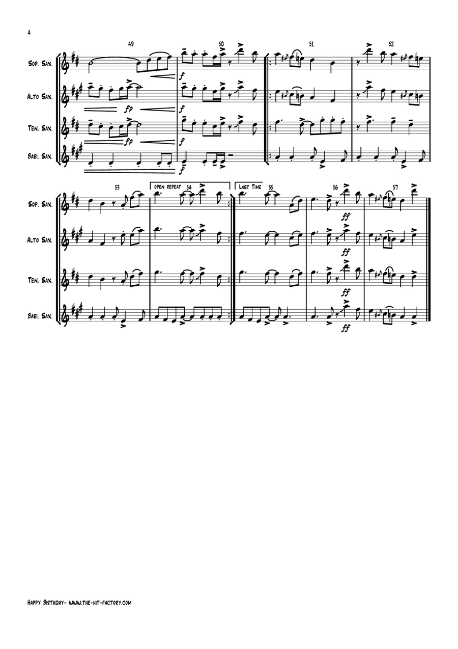 Happy Birthday Saxophone Quartet scores gallery preview page 4