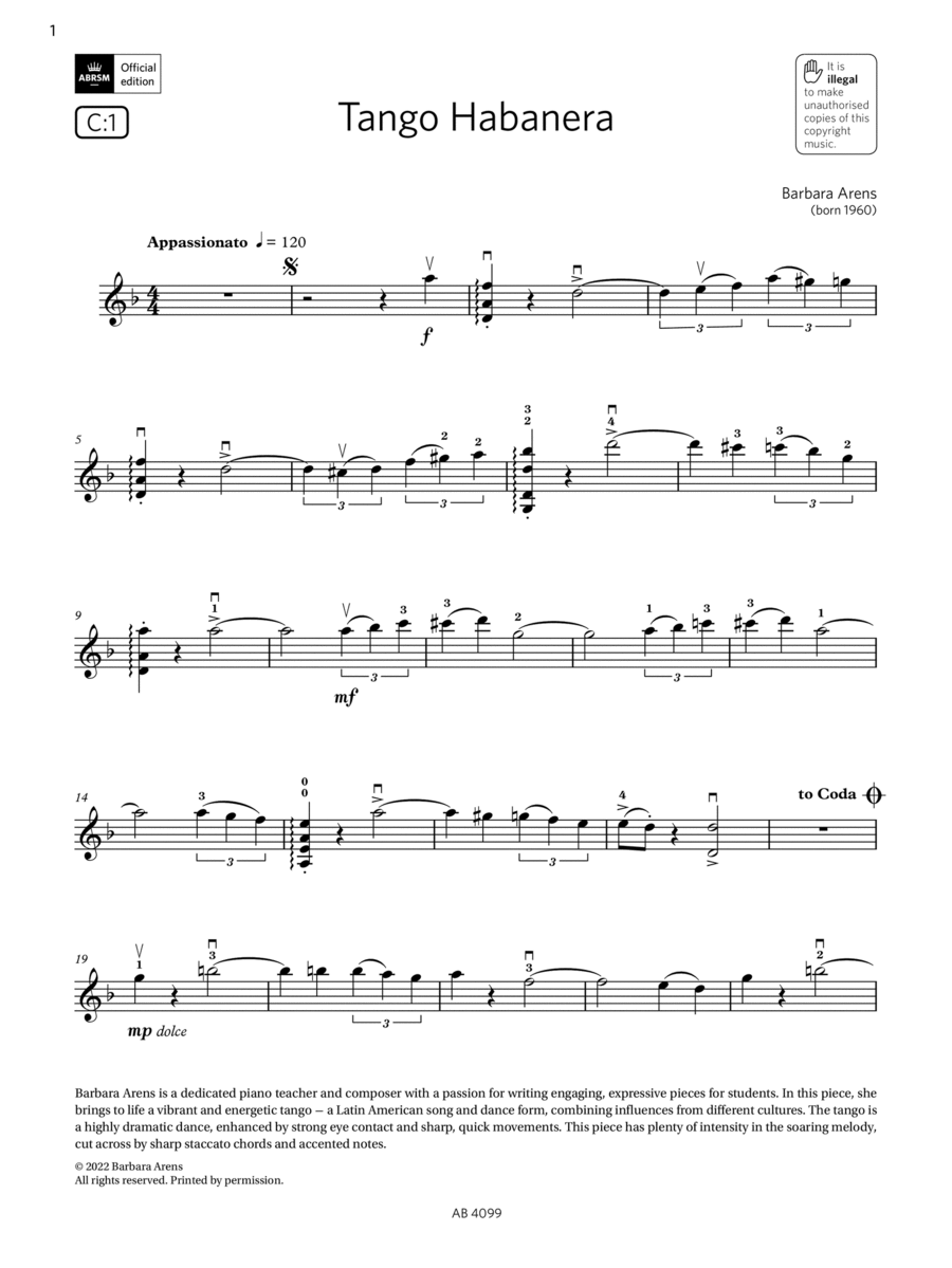 Tango Habanera (Grade 5, C1, from the ABRSM Violin Syllabus from 2024) Violin Solo scores gallery preview page 1