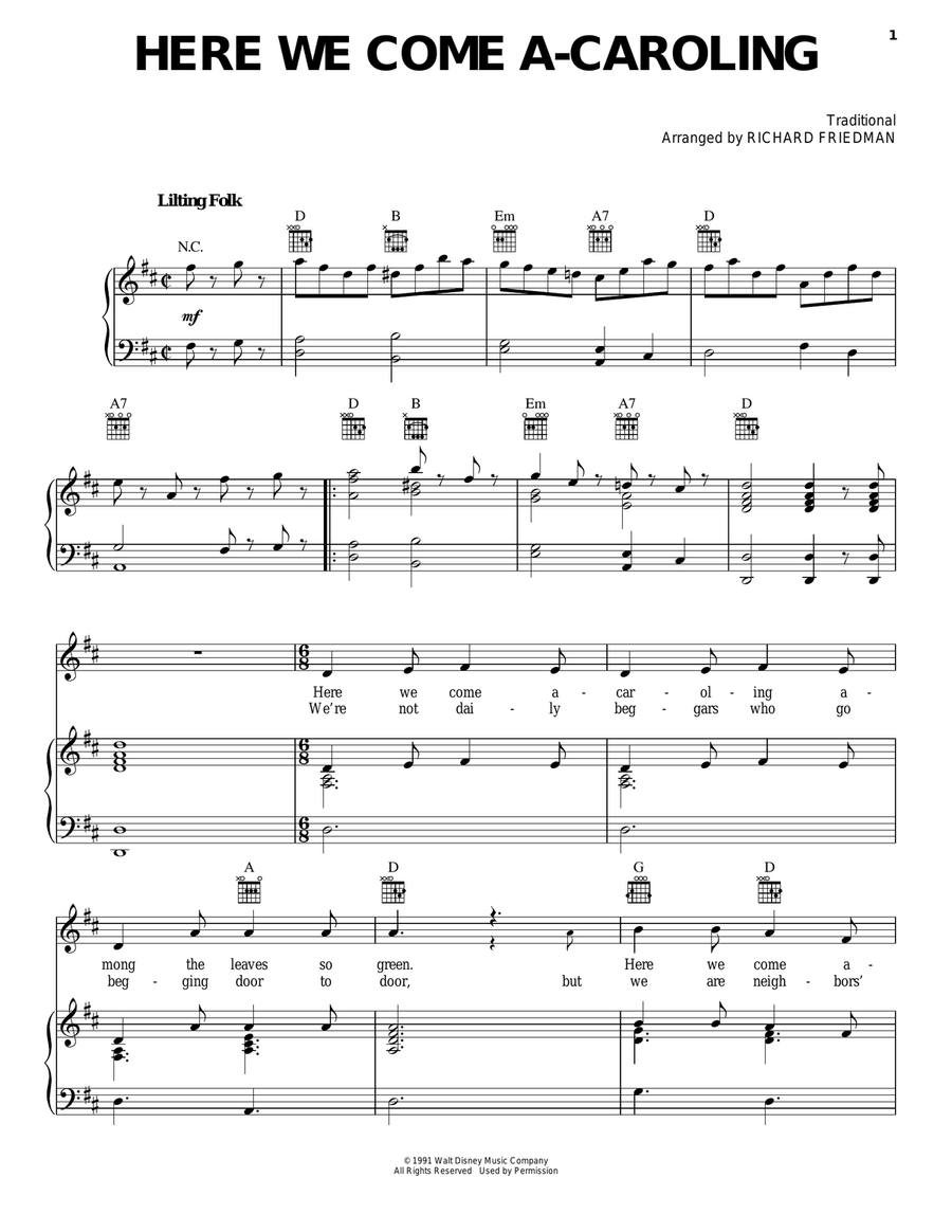 Here We Come A-Caroling Piano, Vocal, Guitar scores gallery preview page 1