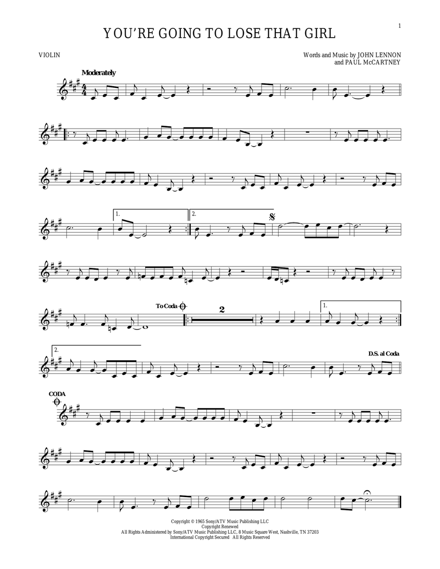 You're Going To Lose That Girl Violin Solo scores gallery preview page 1