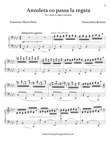 ROSSINI: Anzoleta co passa la regata (transposed to F minor, bass clef)