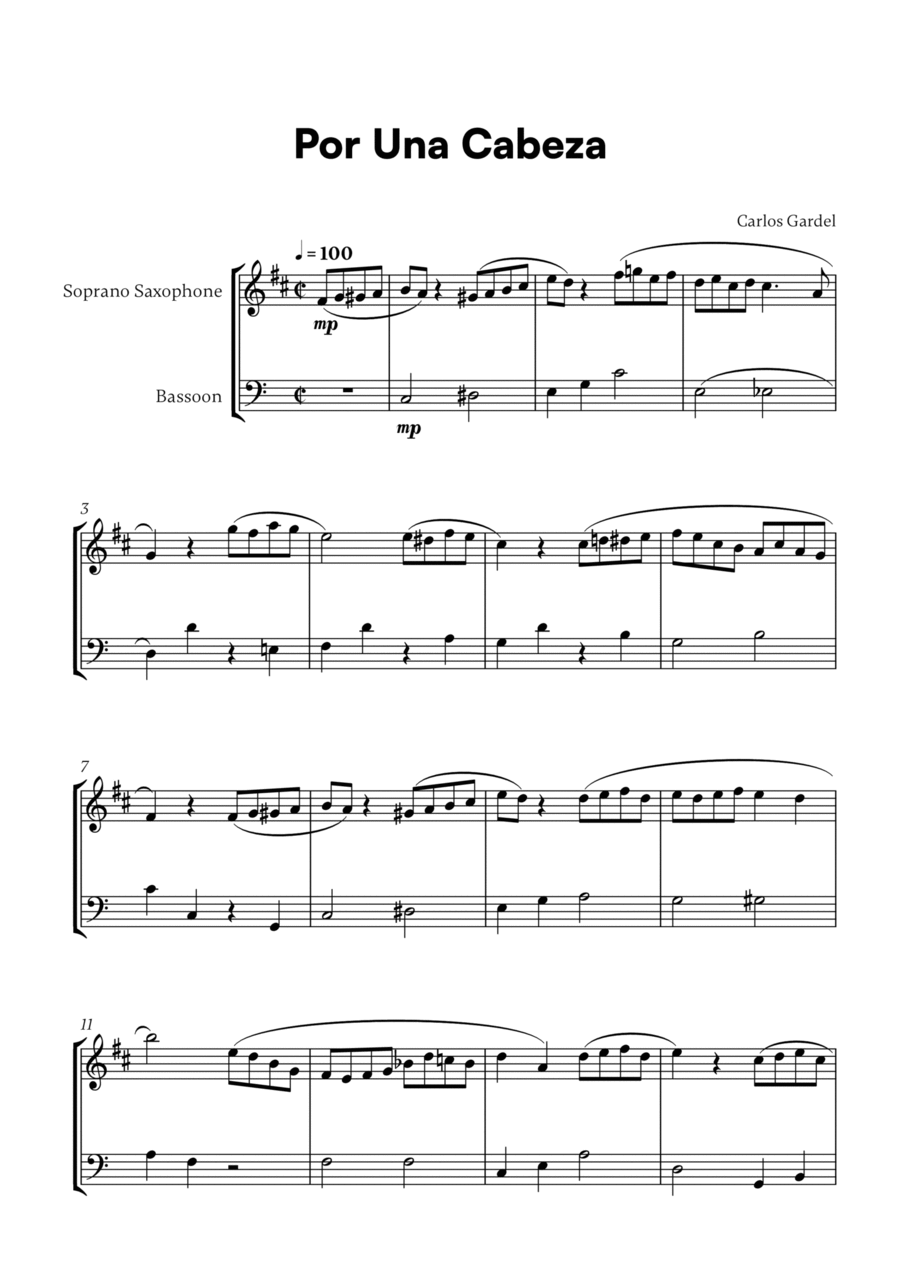 Carlos Gardel - Por Una Cabeza for Soprano Saxophone and Bassoon Woodwind Duet scores gallery preview page 1