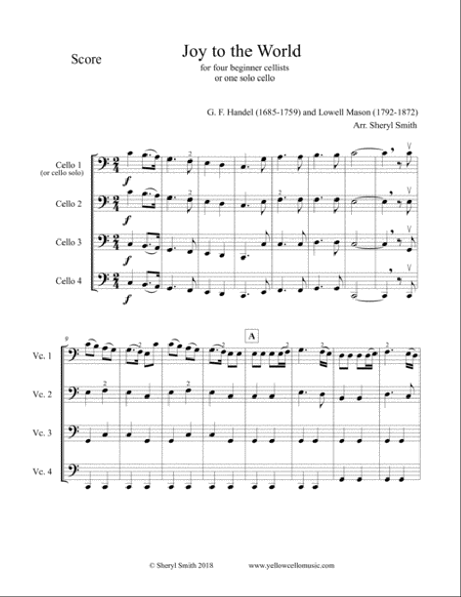 Beginner cello quartet Christmas music: Joy to the World, Adeste Fideles, Carol of the Bells, We Thr String Quartet scores gallery preview page 1