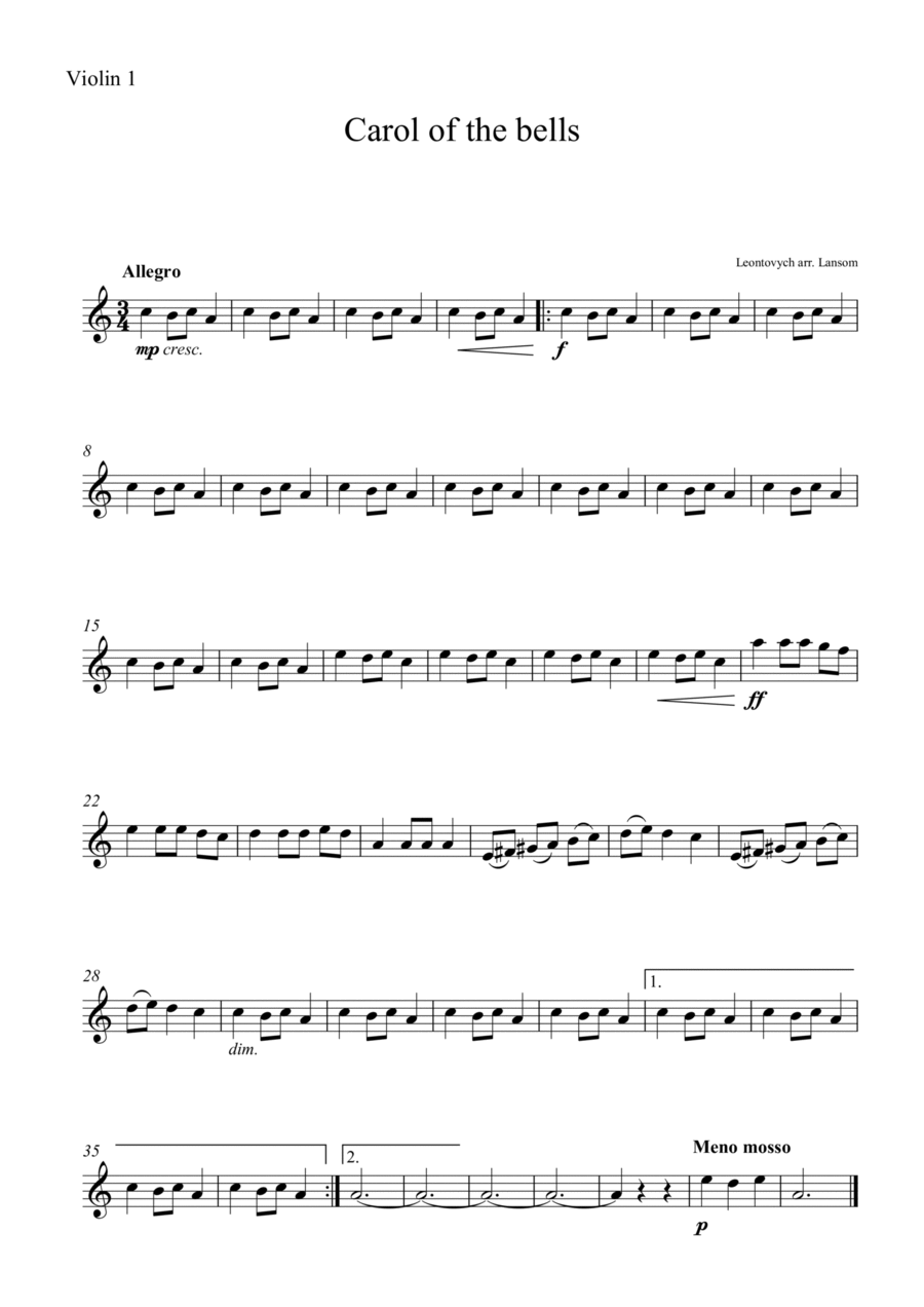 Carol of the bells for four violins Violin scores gallery preview page 1
