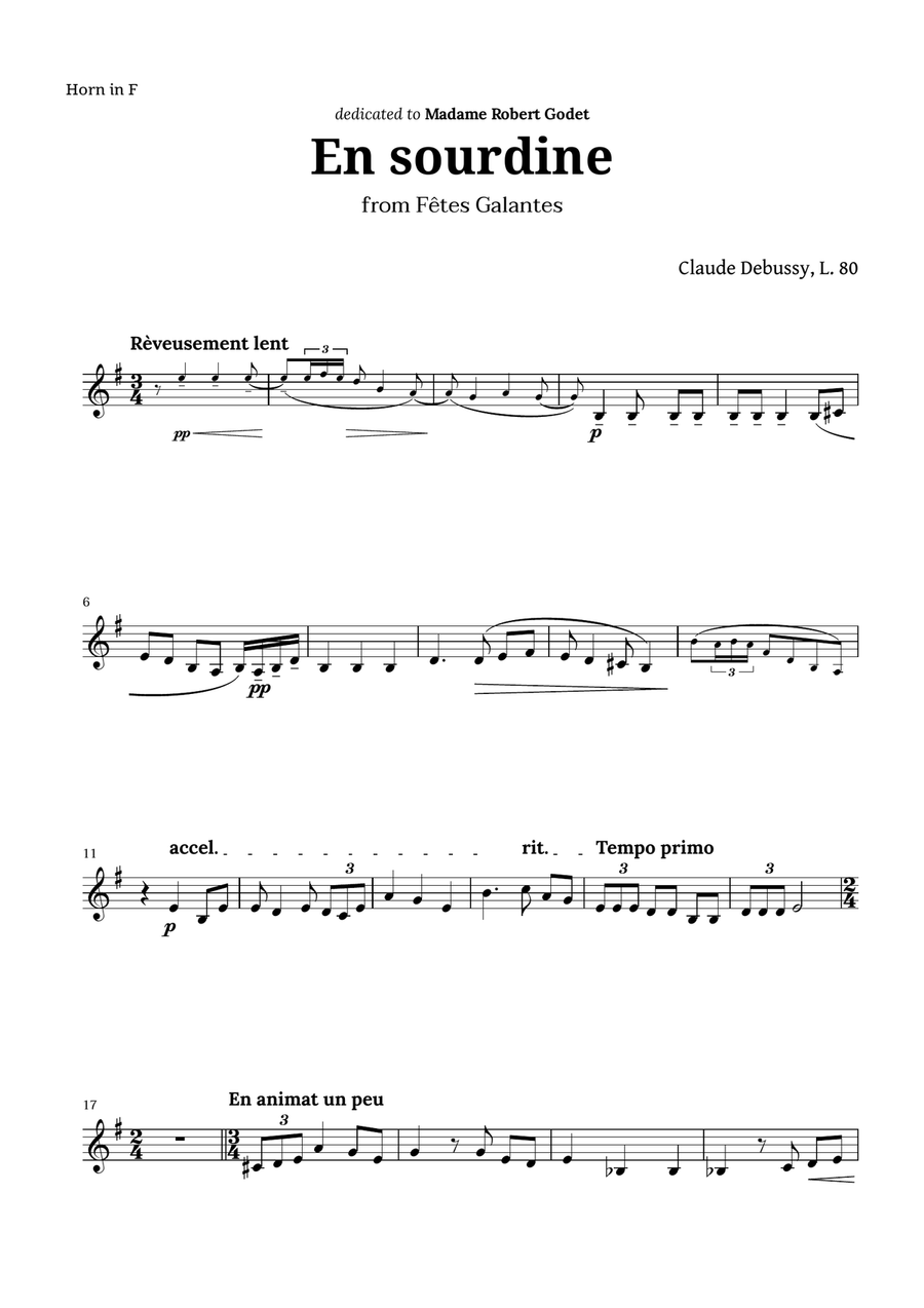 En sourdine by Debussy for French Horn Horn Solo scores gallery preview page 1