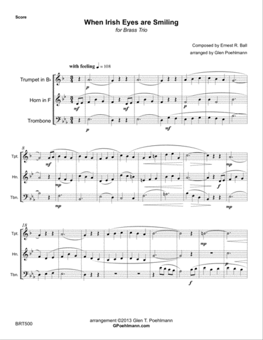 WHEN IRISH EYES ARE SMILING arranged for BRASS TRIO (unaccompanied) Brass Trio scores gallery preview page 1