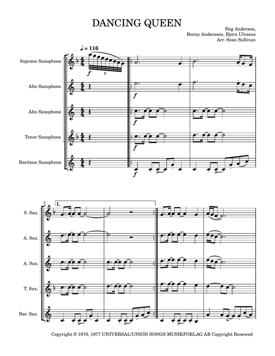Dancing Queen Saxophone Quintet scores gallery preview page 2
