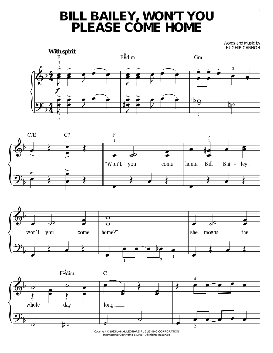 Bill Bailey, Won't You Please Come Home Easy Piano scores gallery preview page 1