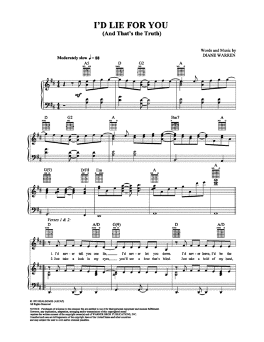 I'd Lie For You (And That's The Truth) Piano, Vocal, Guitar scores gallery preview page 1