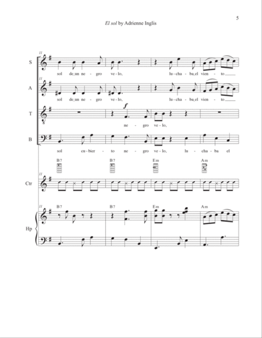 El sol for SATB, pedal or lever harp, cuatro 4-Part scores gallery preview page 5