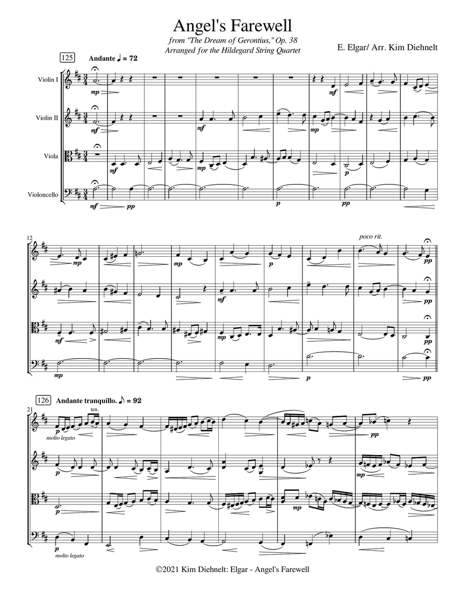 Elgar: Angel’s Farewell (Arr. Diehnelt, for String Quartet) String Quartet scores gallery preview page 2