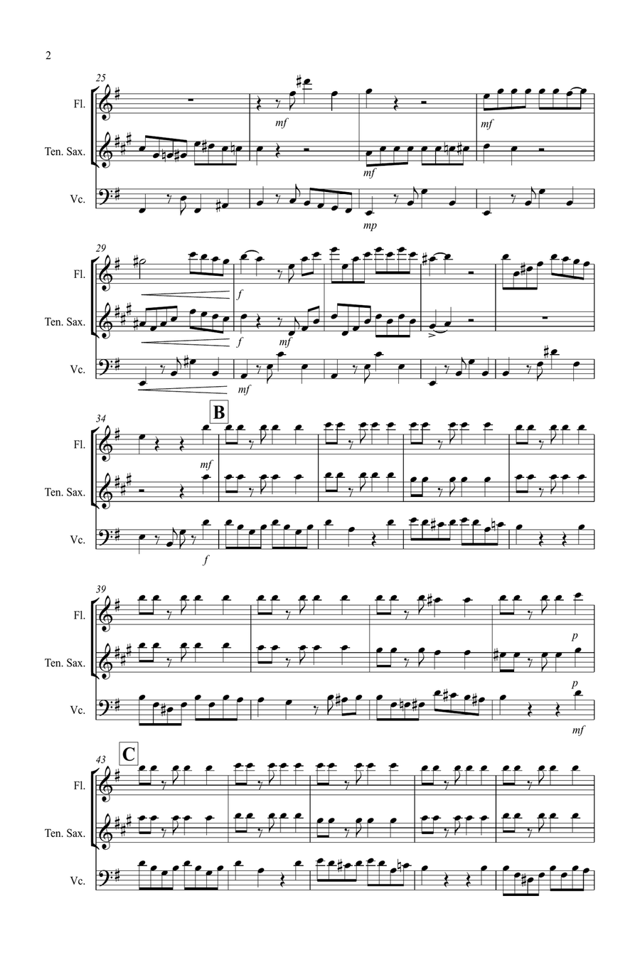 Tango a Trios for Flute, Tenor Saxophone and Cello Trio Small Ensemble scores gallery preview page 2
