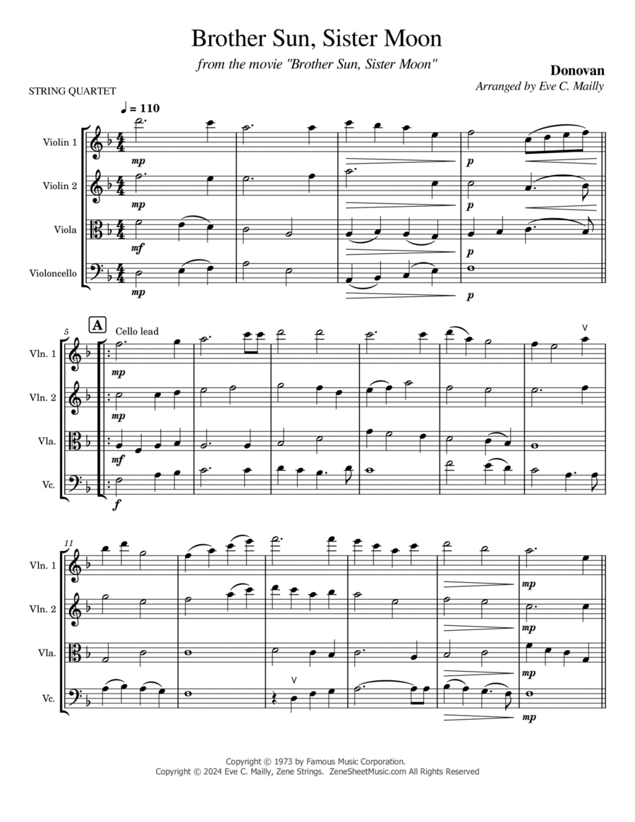 Brother Sun, Sister Moon String Quartet scores gallery preview page 1