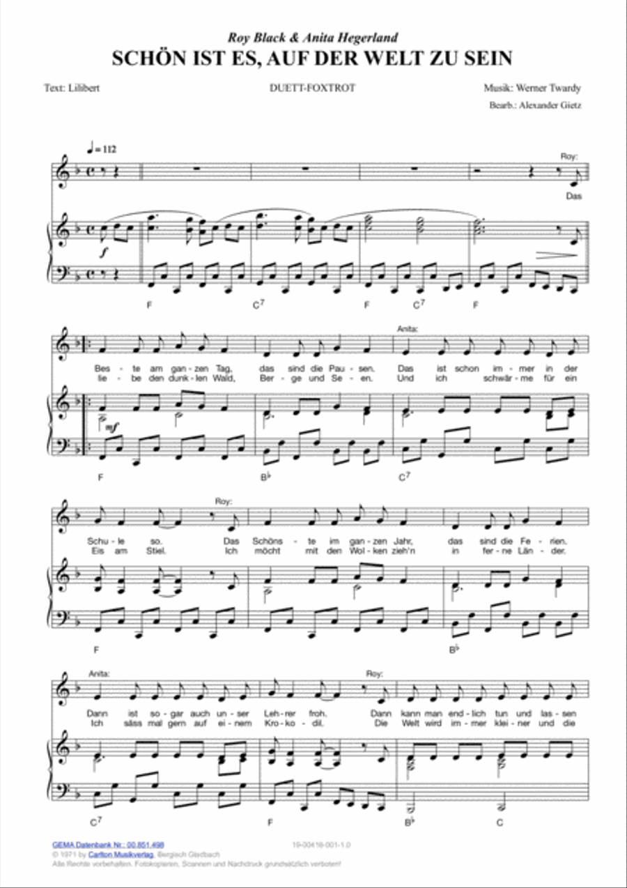 Schon ist es, auf der Welt zu sein Piano, Vocal, Guitar scores gallery preview page 2