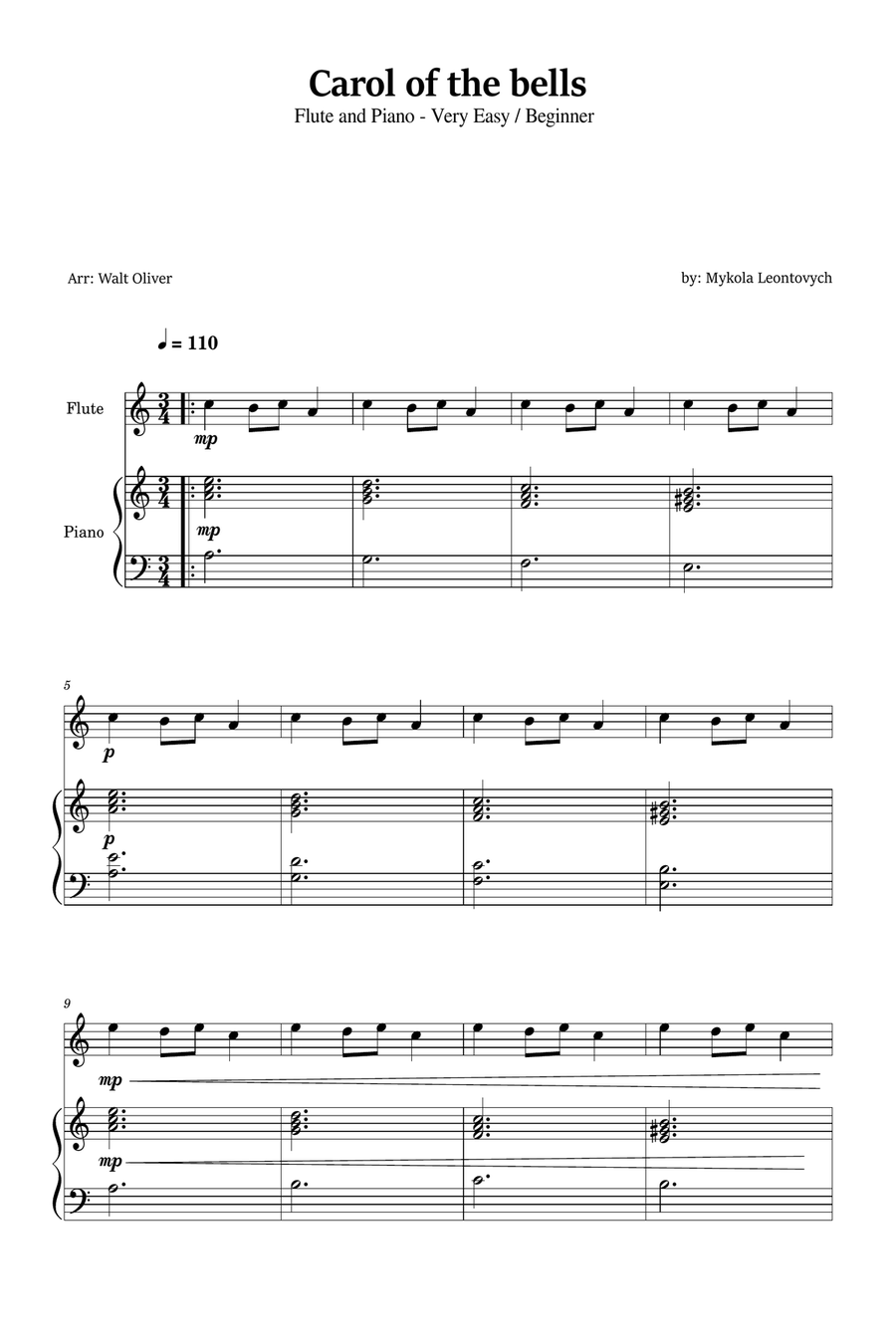 Carol of the Bells for Flute and Piano (Very Easy - Beginner) in A minor Flute scores gallery preview page 1