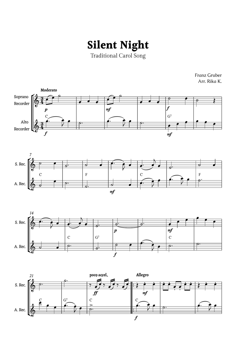 Silent Night for Recorder Duet Woodwind Duet scores gallery preview page 1