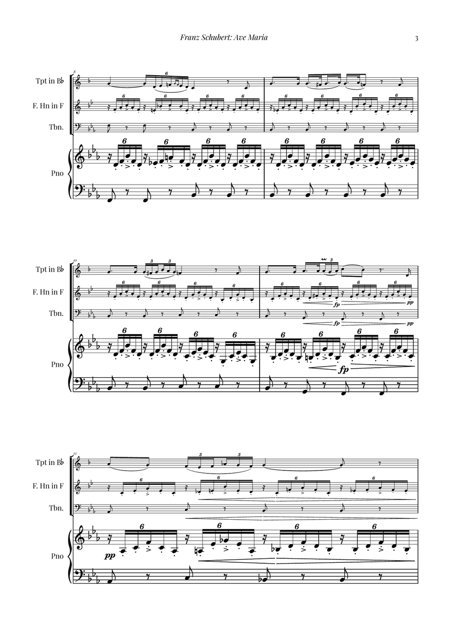Ave Maria by Schubert for Brass Trio (Trumpet, French Horn, Trombone) with Piano Brass Trio scores gallery preview page 3