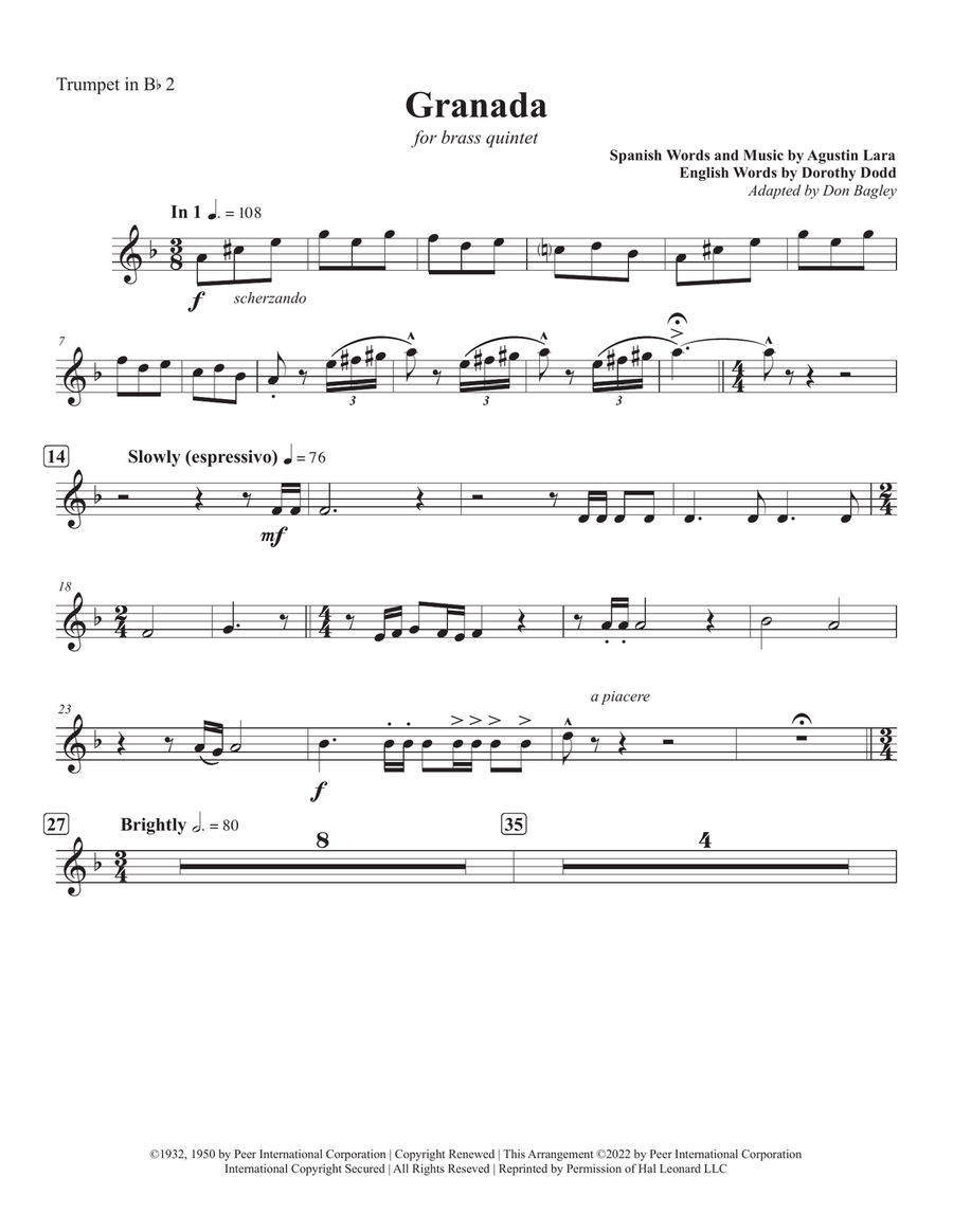 Granada - Bb Trumpet 2 Brass Quintet scores gallery preview page 1