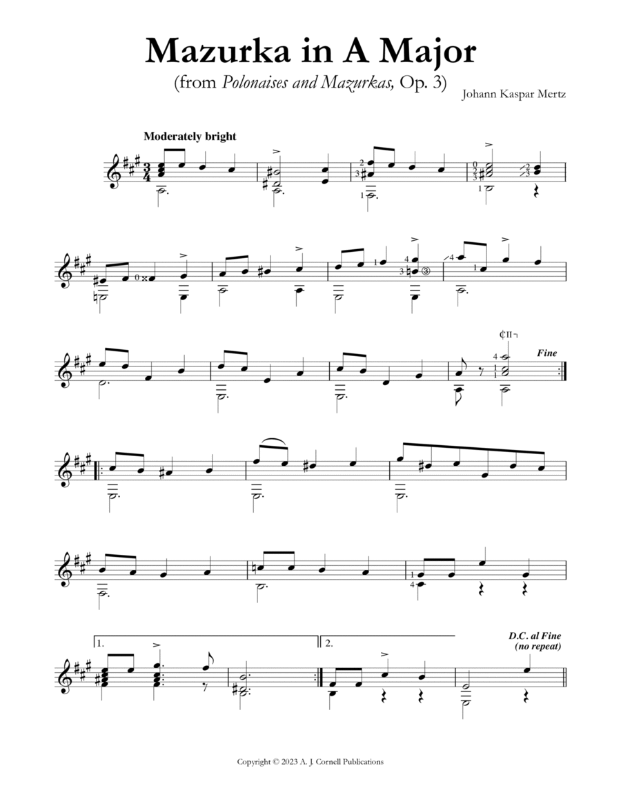 Mazurka in A Major (from Polonaises and Mazurkas, Op.3) Classical Guitar scores gallery preview page 1