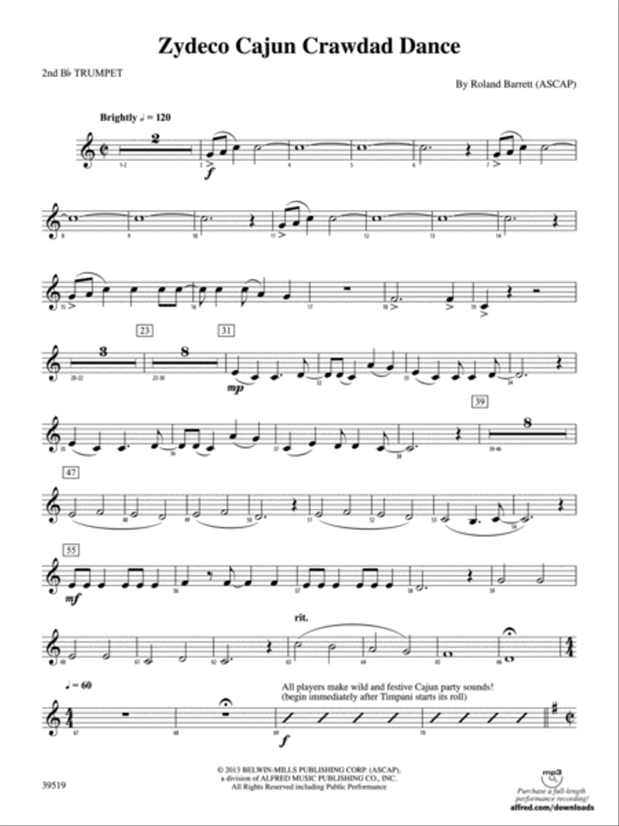 Zydeco Cajun Crawdad Dance: 2nd B-flat Trumpet Concert Band scores gallery preview page 1