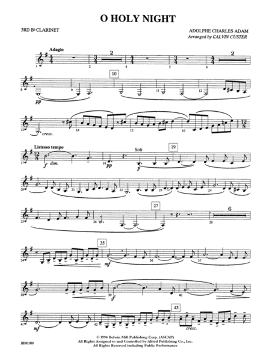 O Holy Night: 3rd B-flat Clarinet Concert Band scores gallery preview page 1